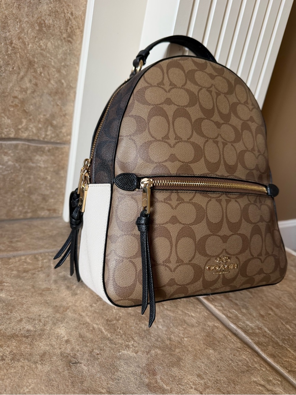 Coach Tan Signature Mini Backpack with Black Trim and Cream Panels